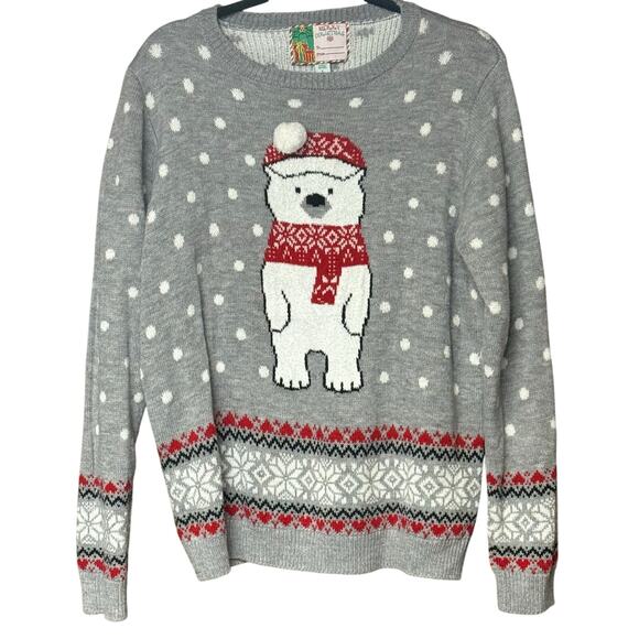 Polar bear ski Christmas sweater holiday warm cozy gray Pom detail women’s L - Picture 1 of 5